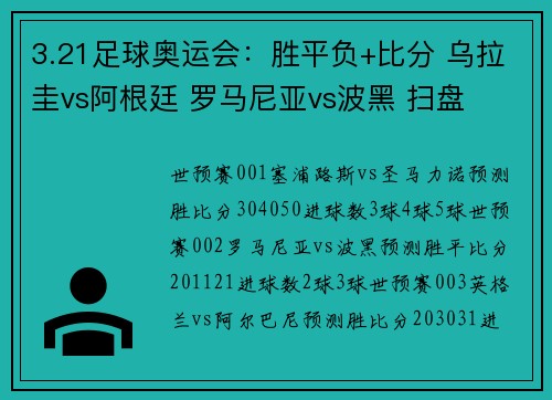 3.21足球奥运会：胜平负+比分 乌拉圭vs阿根廷 罗马尼亚vs波黑 扫盘