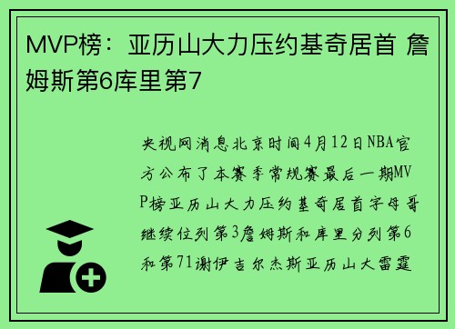 MVP榜：亚历山大力压约基奇居首 詹姆斯第6库里第7